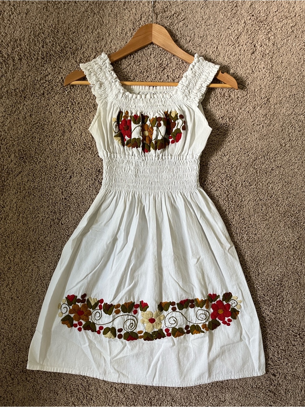White Smocked Mini Dress with Floral Embroidery